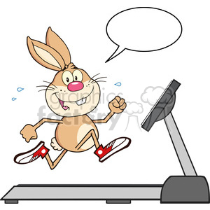 royalty free rf clipart illustration smiling rabbit cartoon character running on a treadmill with speech bubble vector illustration isolated on white