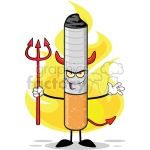 royalty free rf clipart illustration devil cigarette cartoon mascot character welcoming and holding a trident over flames vector illustration isolated on white background