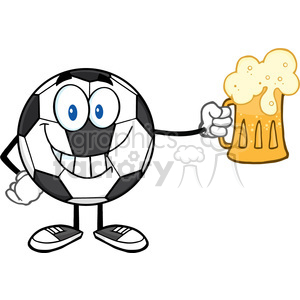 smiling soccer ball cartoon mascot character holding a beer glass vector illustration isolated on white background