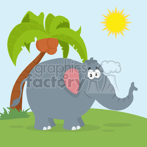 A cheerful cartoon elephant standing on green grass with a palm tree and sun in the background.