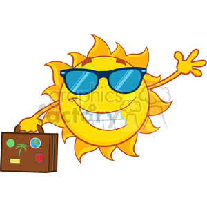 smiling summer sun cartoon mascot character with sunglasses carrying luggage and waving vector illustration isolated on white background