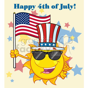 The clipart image features a stylized smiling sun character wearing sunglasses, a top hat with an American flag pattern, and holding an American flag. The hat resembles the traditional Uncle Sam style hat. In the background, there are several stars of varying sizes and colors. At the top of the image, the text Happy 4th of July! is displayed, celebrating U.S. Independence Day.
