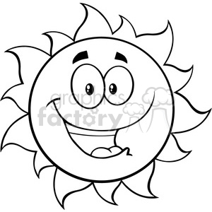 black and white happy sun cartoon mascot character vector illustration isolated on white background