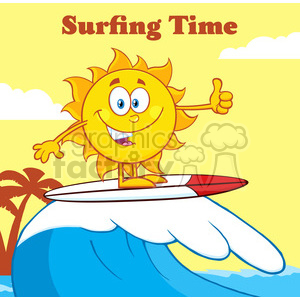 surfer sun cartoon mascot character riding a wave and showing thumb up vector illustration with background and text surfing time