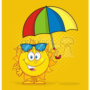 cute sun cartoon mascot character holding a umbrella vector illustration with yellow halftone background