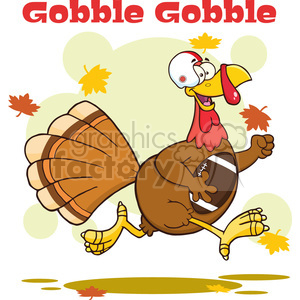 A cartoon turkey running with a football, surrounded by autumn leaves, with the text 'Gobble Gobble' above.