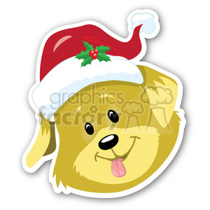 Clipart image of a cute dog wearing a Santa hat with holly, ideal for Christmas holiday stickers.