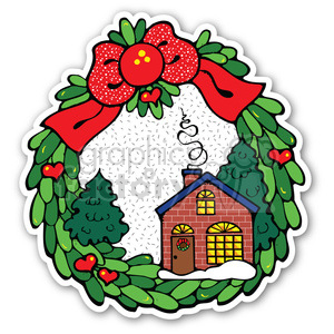 A festive Christmas sticker featuring a brick house surrounded by a decorative holiday wreath adorned with a large red bow and small red hearts.