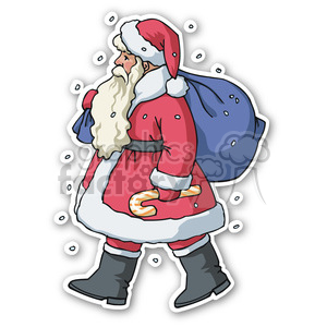 Clipart of Santa Claus walking with a sack full of gifts and holding a candy cane, surrounded by snowflakes.