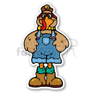 A whimsical Thanksgiving clipart featuring a cartoon turkey wearing overalls, boots, and glasses, styled as a sticker.