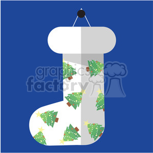 Christmas stocking clipart with decorated green Christmas trees on a blue background.