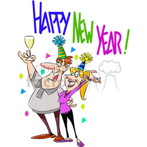 A festive clipart image of a couple celebrating New Year's, wearing party hats and holding a glass, with colorful 'Happy New Year' text.