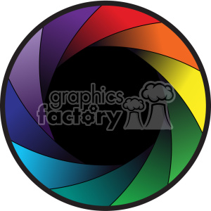 A circular clipart image featuring a colorful camera aperture graphic with segments in a rainbow gradient, ranging from red to purple.