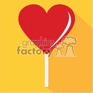 Flat design icon of a red heart-shaped lollipop against a yellow background.