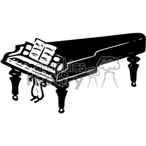 A black and white clipart image of a grand piano with sheet music on the music stand.