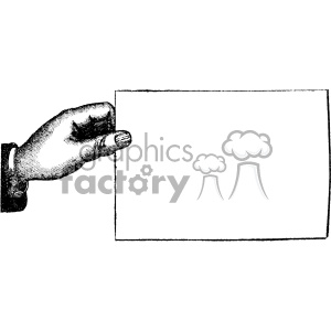 A black and white vintage clipart image of a hand holding a blank rectangular sign or card.