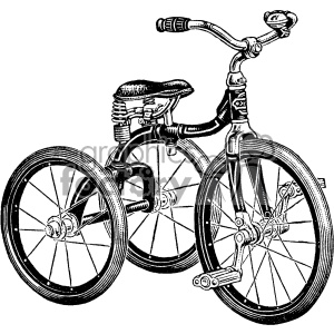 A detailed black and white clipart image of a vintage tricycle with three large wheels, a comfortable seat, and handlebars.