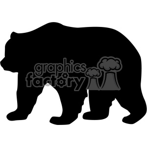 A black silhouette of a bear in a walking position, filled solidly with black color with no additional details or features, depicted on a white background.