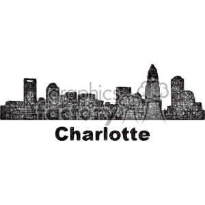 Scribbled drawing of Charlotte city skyline with text 'Charlotte' below.