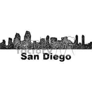 A black and white scribbled-style clipart image depicting the skyline of San Diego with the text 'San Diego' written below.