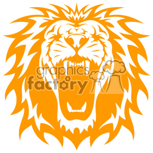 A fierce lion's head roaring in an orange clipart style with sharp outlines and a detailed mane.