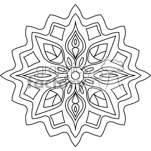 This clipart image features a detailed black and white mandala pattern. The design includes symmetrical, intricate shapes with a flower-like structure at the center, surrounded by geometric and organic patterns.