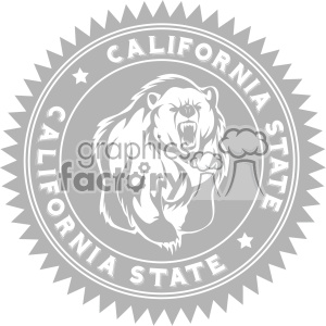 A grayscale clipart image of a roaring bear in the center with the text 'California State' encircling it in a starburst design.