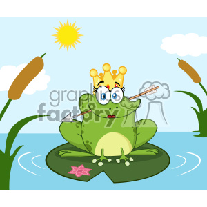 A cute cartoon frog wearing a crown with an arrow through its head, sitting on a lily pad in a swamp surrounded by cattails, under a sunny sky.