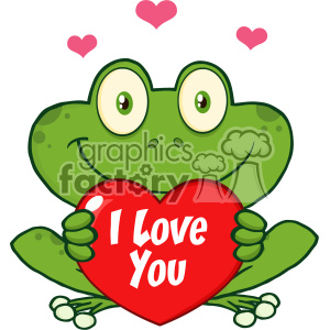 A cute cartoon frog holding a red heart with the text 'I Love You', surrounded by pink hearts, symbolizing love and affection.