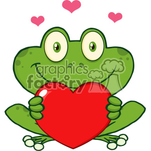 A cute frog holding a large red heart with three smaller pink hearts above it, symbolizing love and Valentine's Day.