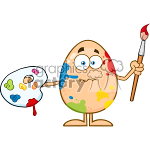 10941 Royalty Free RF Clipart Confused Egg Cartoon Mascot Character Spattered and Holding A Paintbrush And Palette Vector Illustration