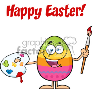 10950 Royalty Free RF Clipart Happy Colored Easter Egg Cartoon Mascot Character Holding A Paintbrush And Palette Vector With Text Happy Easter