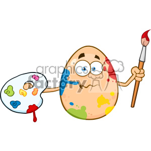 10976 Royalty Free RF Clipart Confused Egg Cartoon Mascot Character Spattered and Holding A Paintbrush And Palette Vector Illustration