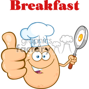 10966 Royalty Free RF Clipart Chef Egg Cartoon Mascot Character Showing Thumbs Up And Holding A Frying Pan With Food Vector With Text Breakfast