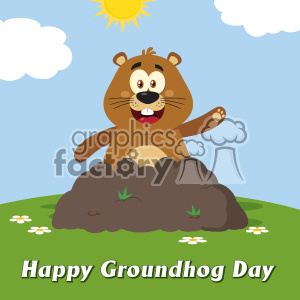 Cute and funny cartoon illustration of a groundhog celebrating Groundhog Day, popping out of a hole with a happy expression against a sunny sky background.