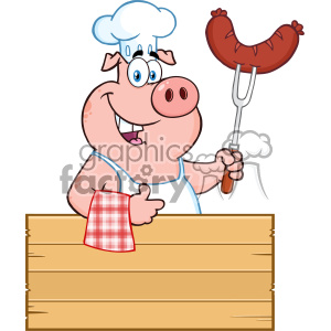 10719 Royalty Free RF Clipart Chef Pig Cartoon Mascot Character Holding A Sausage On A Bbq Fork Over A Wooden Sign Giving A Thumb Up Vector Illustration