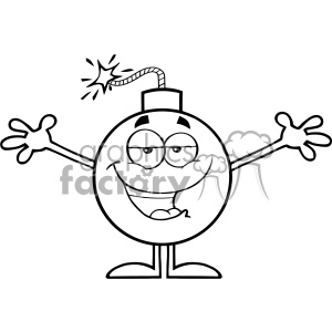 A black and white clipart image of a cartoon bomb character with a lit fuse, arms outstretched, and a mischievous smile.