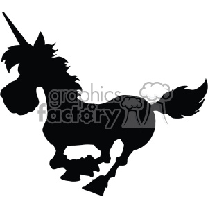A silhouette clipart image of a unicorn. The unicorn is depicted in a running pose with its mane and tail flowing, and a prominent horn on its head.