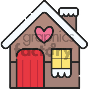 A festive clipart image of a cozy house with a red door, a heart shape, and snow on the roof, symbolizing the warmth of the Christmas season.