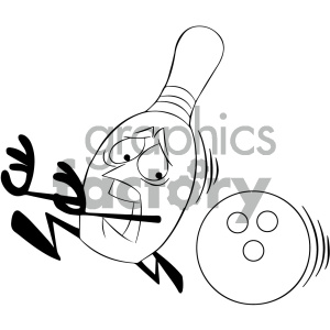 black and white cartoon bowling pin mascot character being chased by bowling ball
