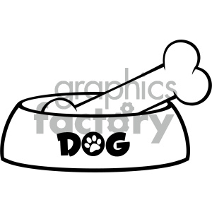   The image is a black and white clipart featuring an outline of a dog bowl with the word DOG written on its front and a paw print logo between the letters D and G. Inside the bowl, there is a large bone with rounded ends, which is typically associated with a dog