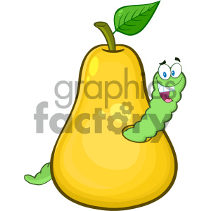 Royalty Free RF Clipart Illustration Yellow Pear Fruit With Green Leaf And A Worm Cartoon Mascot Character Vector Illustration Isolated On White Background