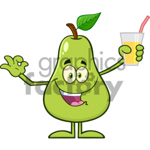Green Pear Fruit With Leaf Cartoon Mascot Character Holding Up A Glass Of Juice And Gesturing Ok
