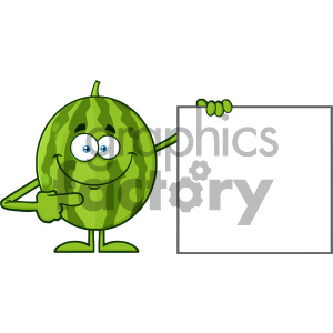   Royalty Free RF Clipart Illustration Smiling Green Watermelon Fresh Fruit Cartoon Mascot Character Pointing To A Blank Sign Vector Illustration Isolated On White Background 