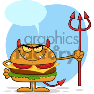 Angry Devil Burger Cartoon Character Holding A Trident Vector Illustration Isolated On White Background With Speech Bubble