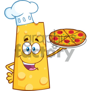 A cheerful cartoon cheese character wearing a chef's hat, holding a pepperoni pizza.