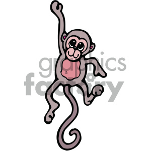 A cartoon illustration of a happy monkey hanging by one arm with a long, curved tail.