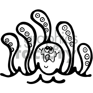 A whimsical octopus with six tentacles, featuring a cute and comical expression, with eyes looking up and a small smile.