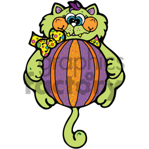 The clipart image shows a stylized cartoon cat playing with a ball. The cat appears to be happy and is squeezing the ball with its front paws. It's wearing a playful bow tie with a polka dot pattern. The ball itself is large and decorated with a starry pattern.