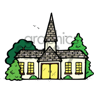 Clipart image of a small church with a steeple surrounded by trees and bushes. The church has a grey shingled roof, yellow windows, and a double door entrance. Birds are flying in the background.